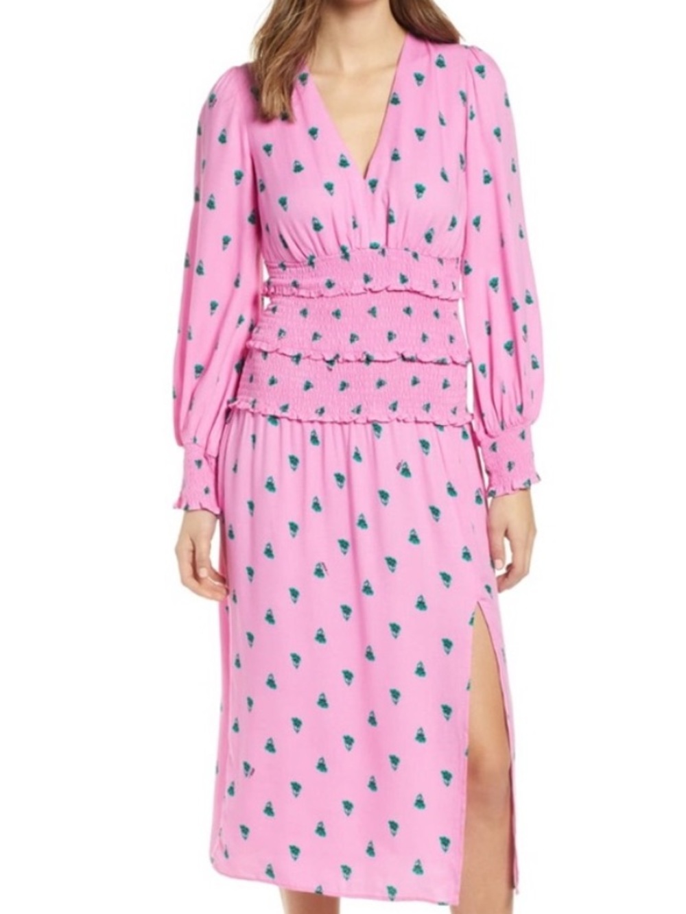 AFRM Bright Pink Smocked Midi Dress with Green Floral Print Size Medium